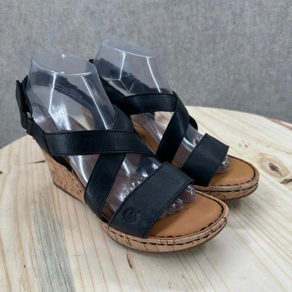 Born B.O.C. Schirra Wedge Sandals Womens 8 Black Faux Leather Strappy Cork Heel